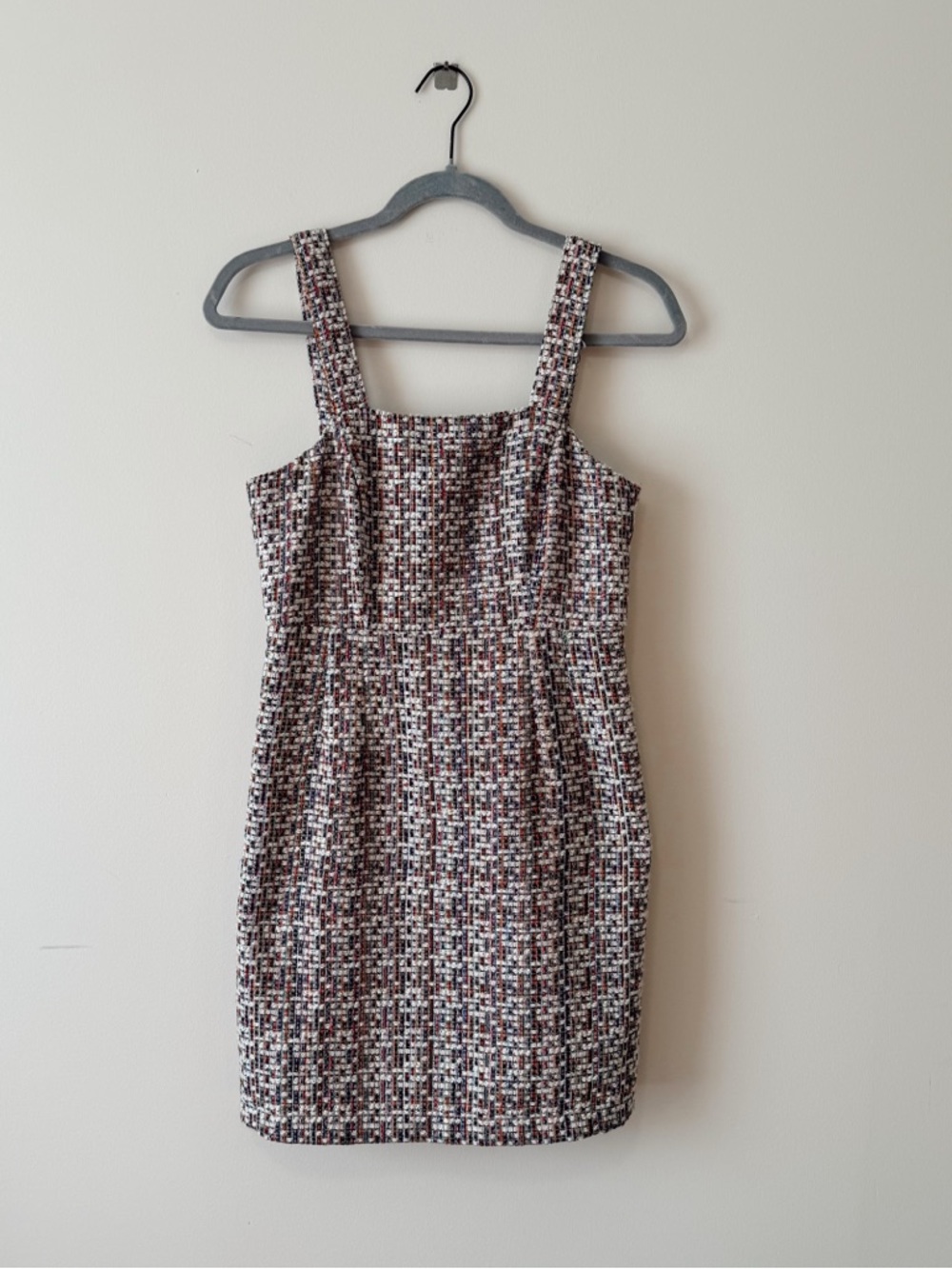 AQUA Boucle Textured Tweed Square-Neck Mini Sheath Dress XS Preppy Twee
